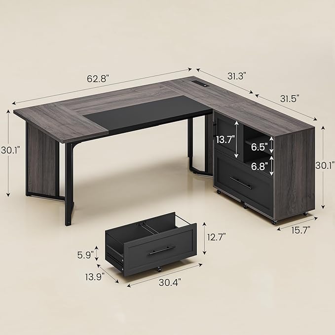 63 Executive Desk with Mobile File Cabinet Large Office Desk with Drawer Modern L Shaped Desk with Power Outlets Storage Shelves Corner Computer Desk Business Workstation Set (Grey)