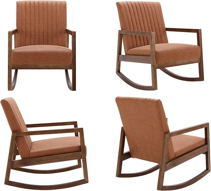 Faux Leather Rocking Chairs Set of 2 Mid Century Modern Recliner Accent Chair Comfy Lounge Arm Chair for Nursery Bedroom Living Room Retro Brown PU
