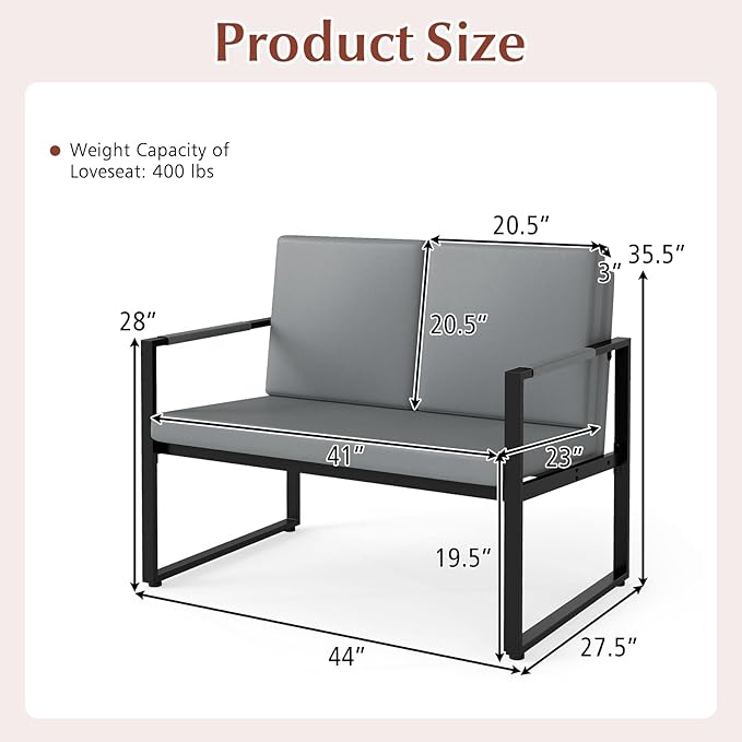 Giantex Modern Loveseat Sofa 2-Seater Sofa with Solid Metal Frame &amp Removable Back Cushions Spacious Seat &amp Supportive Armrests Indoor Couch for Living Room Bedroom Office (Gray)