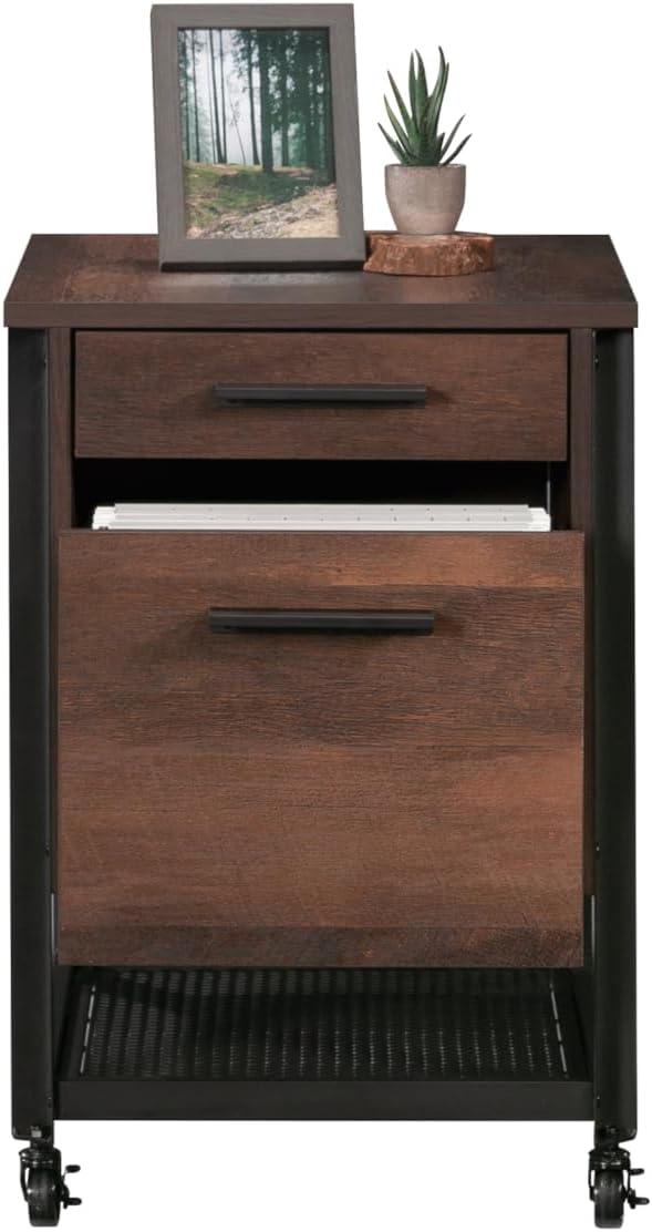Antique Dark Oak Mobile Filing Cabinet with 2 Drawers Mesh Lower Shelf 4 Wheels Rectangular Portable Filing Cabinet Farmhouse for Office Study Room