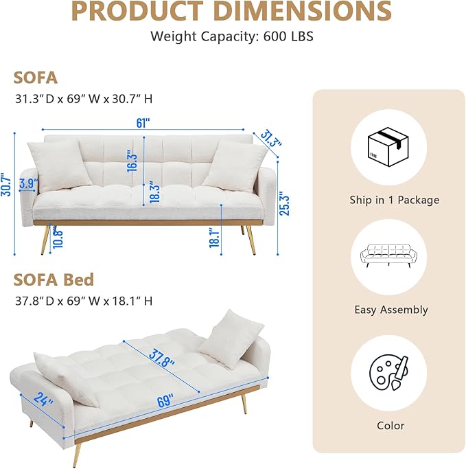 Teddy Futon Sofa Bed69 Modern Small Love Seat Couch for Small SpacesConvertible Tufted Sleeper Sofa Loveseat Couch Bed with Gold Metal Legs for Living RoomBedroom (Teddy Beige)