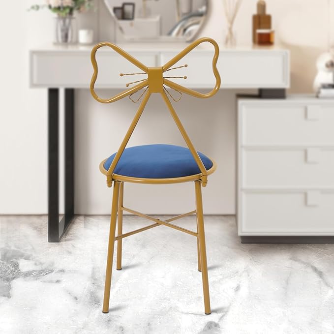Modern Vanity Chair StoolCute Makeup Chair w/Butterfly BackrestGirl's Stool Ottoman BenchMetal Bench Legs Gold Dining ChairBow Knot Design Seat for Bedroom Living Room (Blue Velvet)