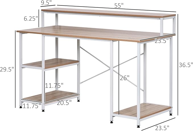 55 Inch Home Office Computer Desk Study Writing Workstation with Storage Shelves Elevated Monitor Shelf CPU Stand Durable X Shaped Construction Oak Wood Grain