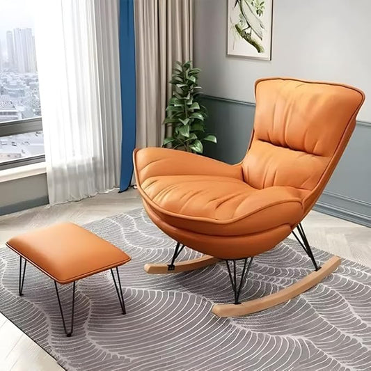 LITFAD Modern Rocking Glider Chair Upholstered Rocking Seat Comfy Rest Reading Chair Water Resistant Nursery Chair for Living Room Bedroom Office - Orange with Ottoman