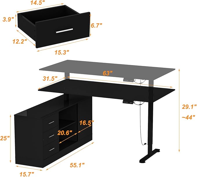 FUFU&ampGAGA 63” L-Shaped Standing Desk with Drawers Electric Height Adjustable Desk with File Cabinet Executive Computer Table Sit Stand Desks for Home Office Black 63”W x 55.1”D x 29.1”-44”H
