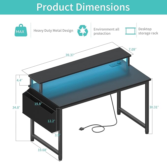 Lufeiya Black Gaming Desk with LED Lights and Power Outlets 40 Inch Teen Writing Study Table Home Office Desks with Monitor Stand Computer Desk with Charging Station USB Port Black