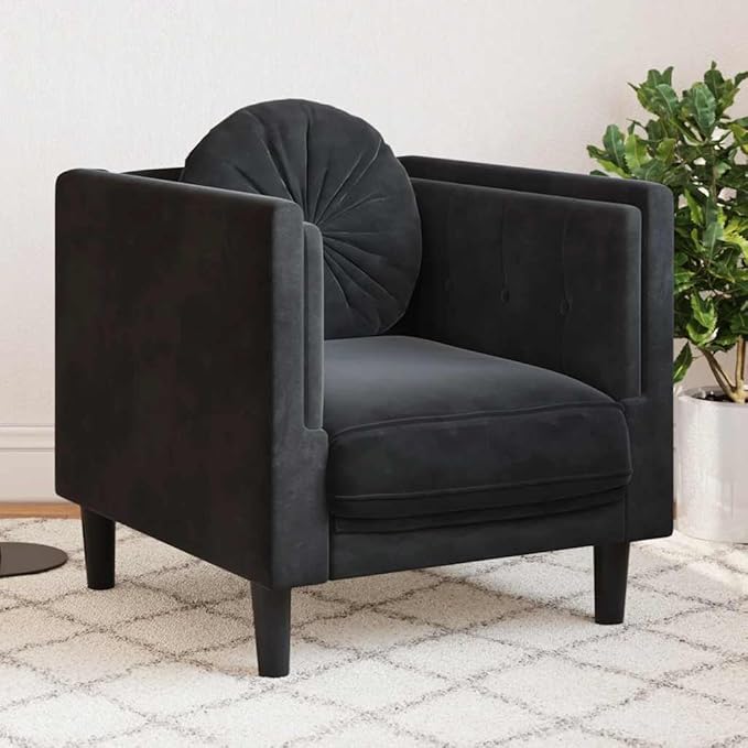 vidaXL Black Velvet Armchair - Upholstered Living Room/Lounge Chair with Cushion Solid Wood Legs Modern Design Comfortable Padded Seating