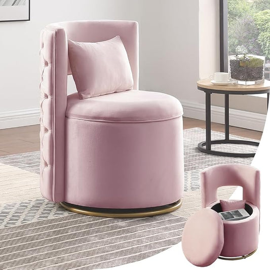 360 Degree Swivel Accent Chair Velvet Round Storage Sofa Club Upholstered Barrel Modern Arm Chair for Nursery Living Room Hotel Bedroom Office Lounge Hotel Office (Pink)