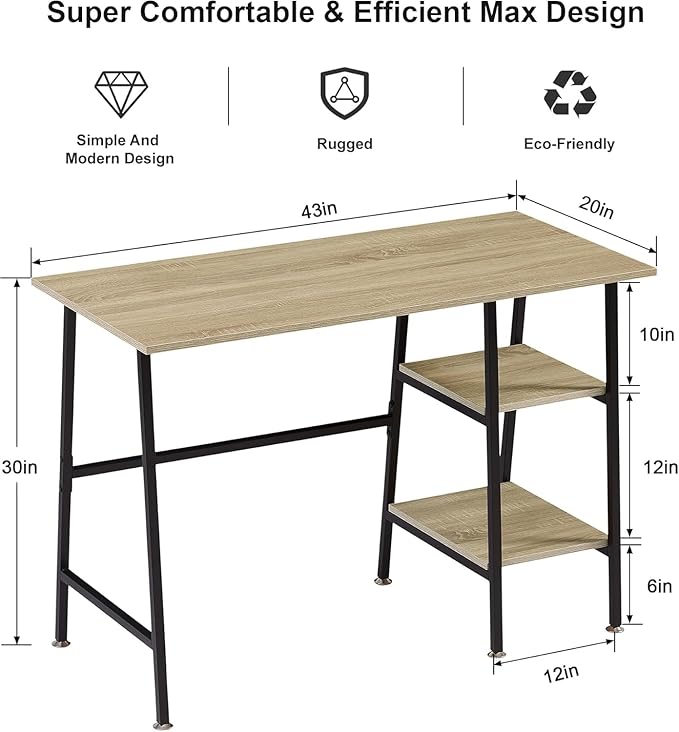 VECELO 43 Inch Computer Desk Writing Study Work Office Table Modern Desk with Shelves Wooden Desk for Home BedroomOak Desk
