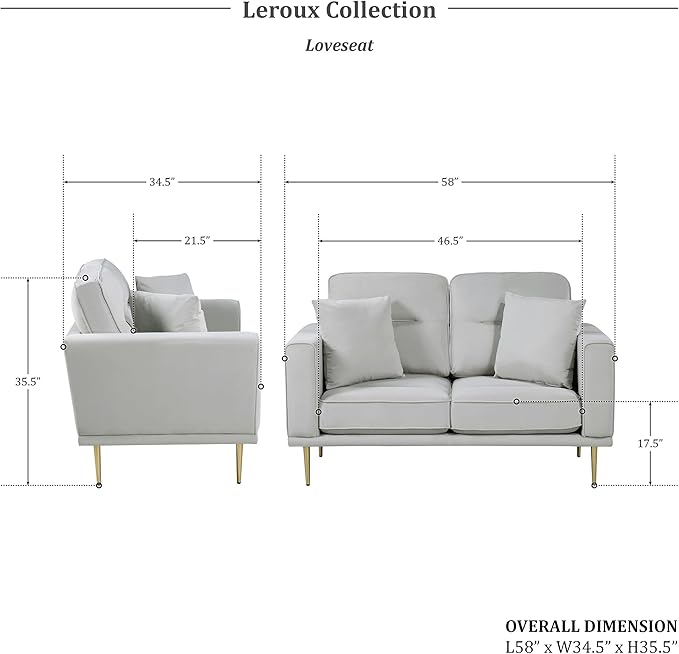Lexicon Velvet Sofa Love Seat Modern Couches Metal Seat Base Metal Legs with Gold-Tone Finish 58 inch Loveseat Sofa with 2 Throw Pillows 2 Seater Couches for Living Room Bedroom Apartment Grey