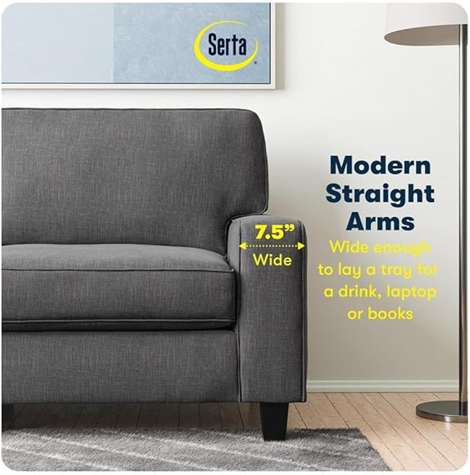 Pemberly Row 61 Track Arm Loveseat Sofa Gray Anti-Pilling Polyester Fabric Removable Covers Solid Wood Frame Compact Modern Design for Living Room or Home Office Spaces