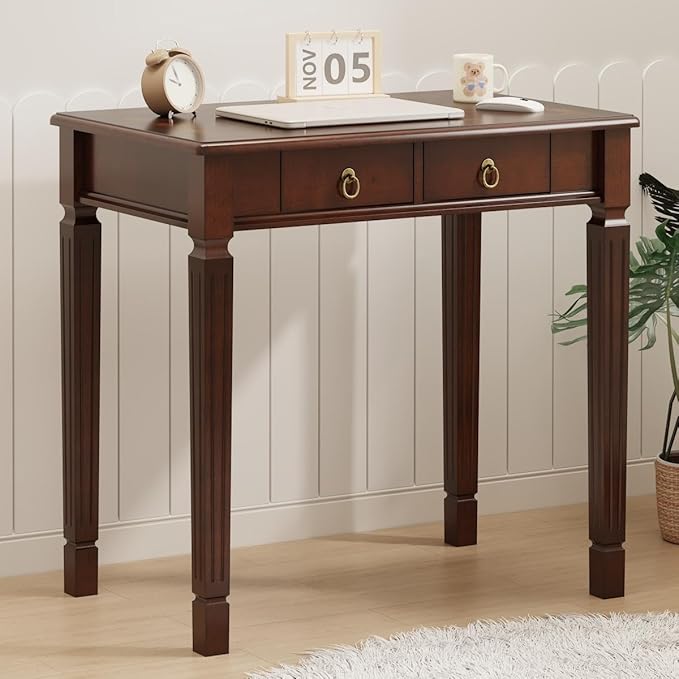 LEEMTORIG Traditional Solid Wood Writing Desk Small Secretary Desk with 2 Drawers Mahogany Desk Cherry Wood Writing Table for Home Office 31.5 W French Provincial Desk Cherry Walnut SSZ-D1258