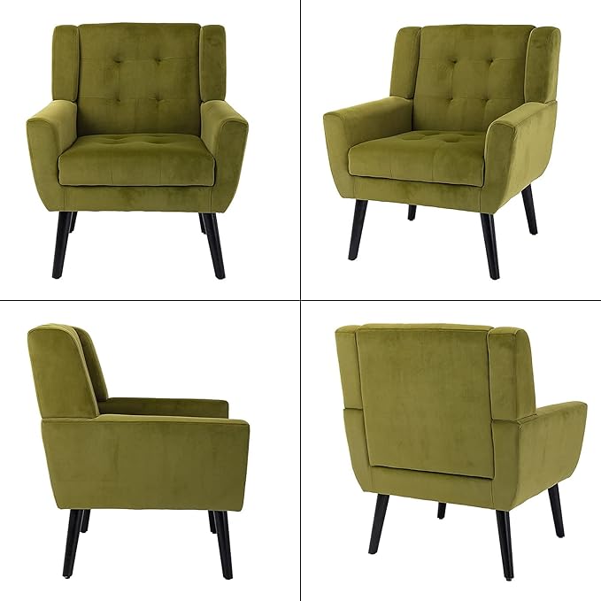 SSLine Velvet Accent Arm ChairSolid Wood Frame Modern Upholstered Wingback Single Sofa Armchair Club Chair with Metal Legs Thick Cushion for Living Room Bedroom (Green)