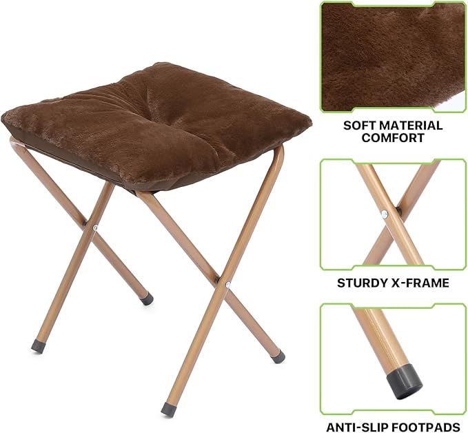 Magshion Folding Saucer Chair for Adults with Ottoman Circle Reading Chair for Bedroom Living Room &amp Dorm Furry Comfy Accent Seat with Metal Leg &amp Thick Padded for Small Spaces (Brown 1 Pa