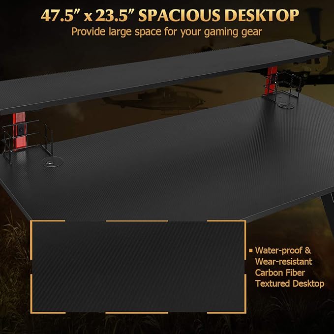 Tangkula Gaming Desk Professional Gamer Workstation with Cup Holder Headphone Hook Handle Rack Ergonomic PC Gaming Table with Monitor Stand E Sports Computer Desk Table for Home Office (Black)