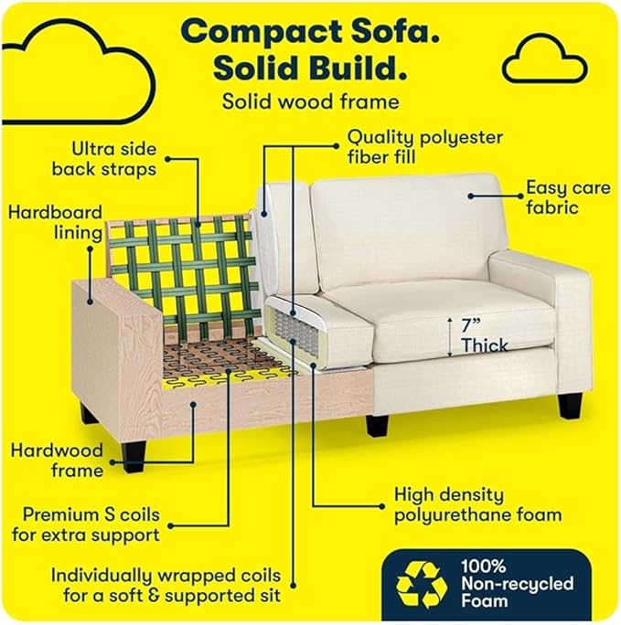 Pemberly Row 73 Track Arm Sofa Buttercream Polyester Fabric Removable Covers Solid Wood Frame Compact 2-Seater Design Modern Classic Style for Living Room or Home Office