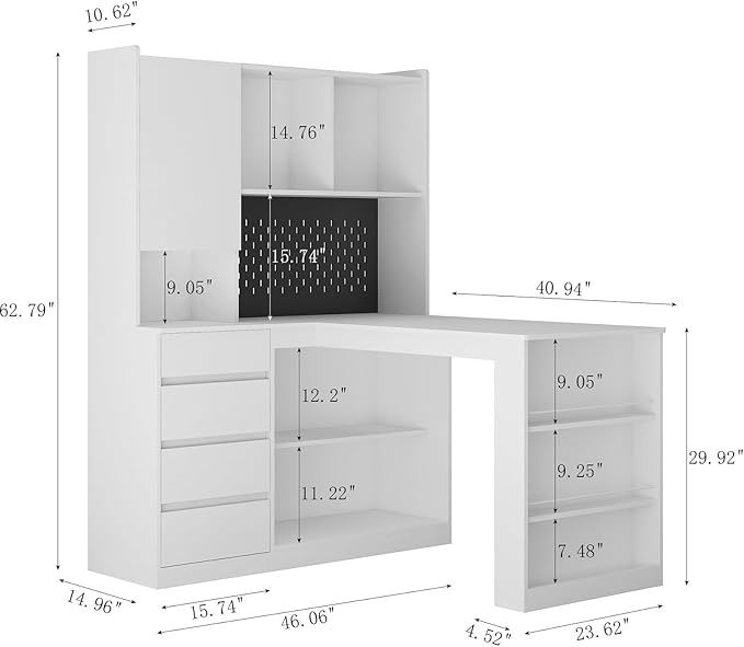 L Shaped Desk with Charger Computer Desk with Drawers Modern Corner Desk with Bookshelf Home Office Desk with Hutch Study Table Writing Desk with LED Light White
