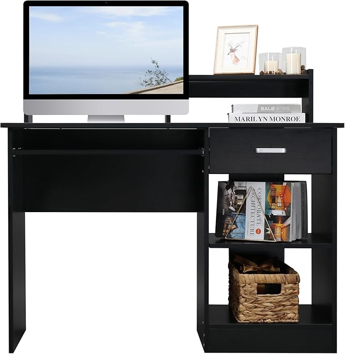 Zimtown MDF Computer Desk with Drawers Office Desk White Desk with Storage for PC Laptop Wood Home Office Desk with Keyboard Tray and Adjustable Shelf Black