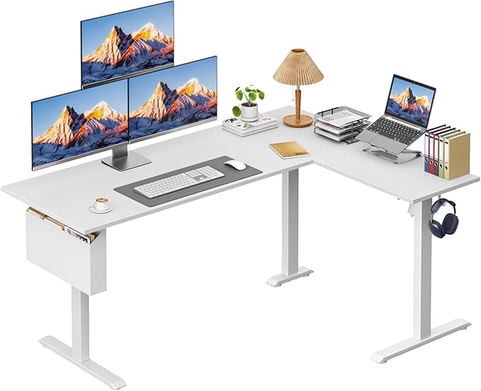 L Shaped Electric Standing Desk63 Inch Adjustable Height Sit to Stand Corner Desk with Memory Presets Reversible Computer Table for Home Office Work and Study White
