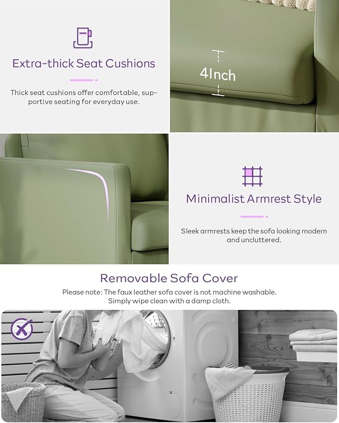 TYBOATLE Faux Leather Modern Small Couches for Small Spaces Comfy Upholstered Love Seat for Bedroom 2 Seater Mini Couch for Apartment Dorm Office Green