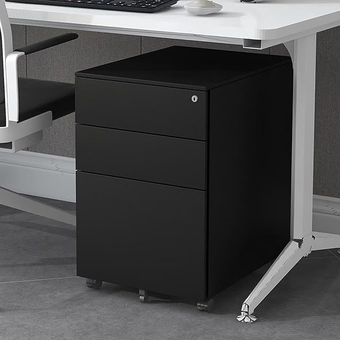 3 Drawer File Cabinet with Wheels Metal Filing Cabinets for Home Office with Lock Under Desk Drawer Organizer Fully Assembled Fits Letter A4 Standard Sizes (Black 23.6*11.8*20.5)