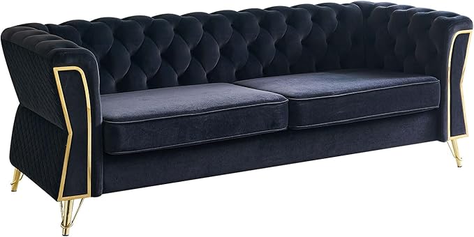 KEIKI 87 Chesterfield Velvet Button Tufted Sofa with High Density Foam Cushions Modern 3-Seater Couch with Gold Strip Trim Decoration Easy Assembly for Apartment Living Room Office Black