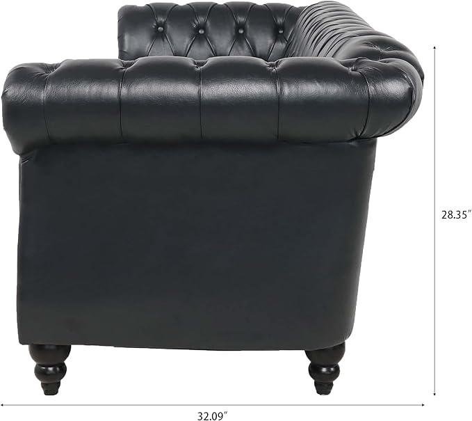Chesterfield PU Leather Sofa Upholstered PU Sofa with Tufted Back Classic 3 Seater Leather Couch Rolled Arm for Living Room Office Black