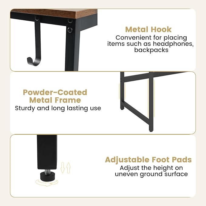 GOFLAME 59” Computer Desk Modern Simple Study Writing Desk with Built-in Power Outlet Removable Shelf &amp Side Headphone Hook Home Office Laptop PC Desk Gaming Table Workstation (Rustic Brown)