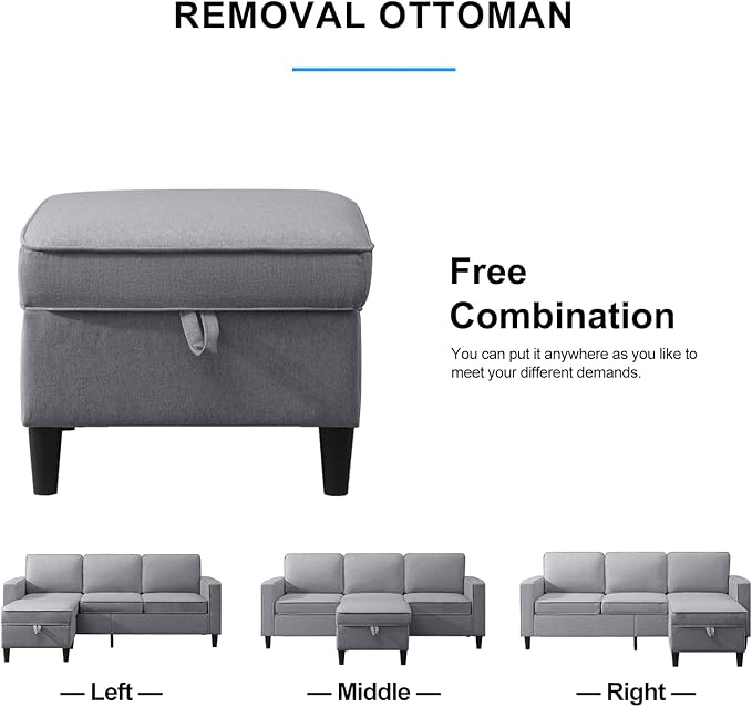 PUREMIND 3 Pcs Sofa Set Couches Set with Wooden Sofa Legs Linen Living Room Furniture w Storage Ottoman &amp Storage Pockets Sectional Sofas Includes 3-Seater+ Loveseat+Armchair Light Grey