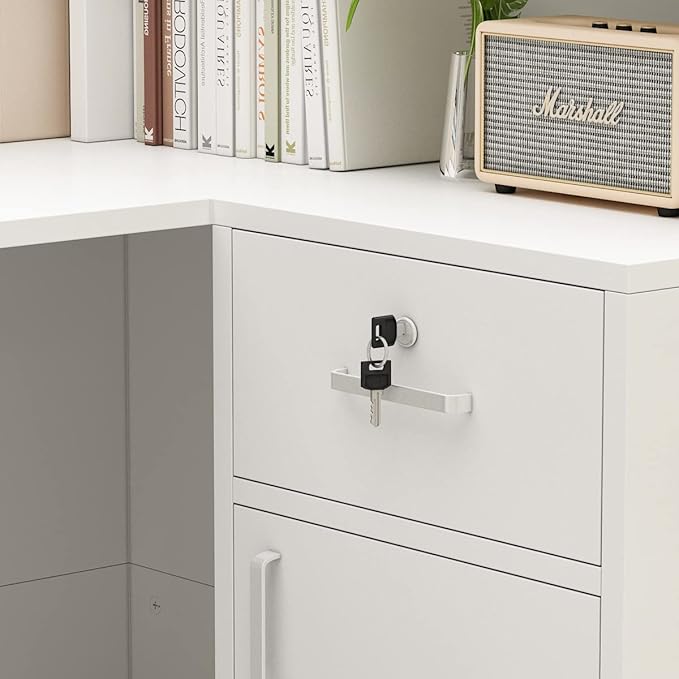 Homsee Reception Desk L-Shaped Office Desk with Counter 1 Door Storage Cabinet 1 Lockable Drawer Hutch Shelf &amp Keyboard Tray White