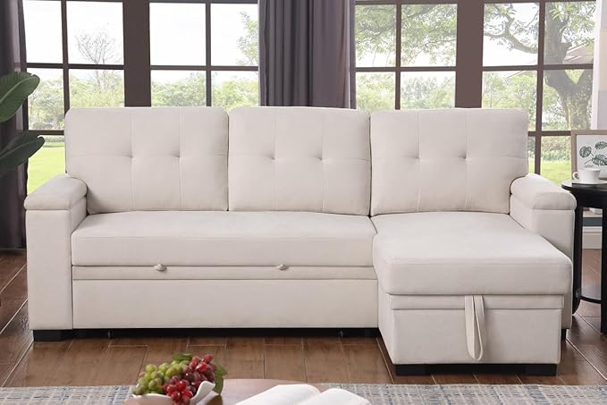 Lilola Home Convertible Sectional Sleeper Sofa Bed 85 Inch L Shaped Couch with Pull Out Bed Storage Chaise Removable Back Cushions for Living Room Office Woven Fabric Beige