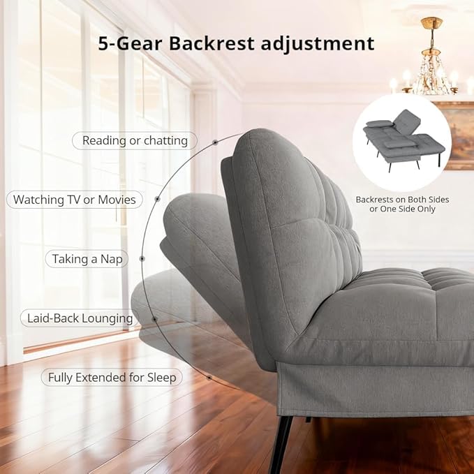 COMHOMA Convertible Futon Sofa Bed 72″Fabric Futons Couch with Adjustable Backrest Folding Sleeper Recliner for Living Room Furniture (Grey)