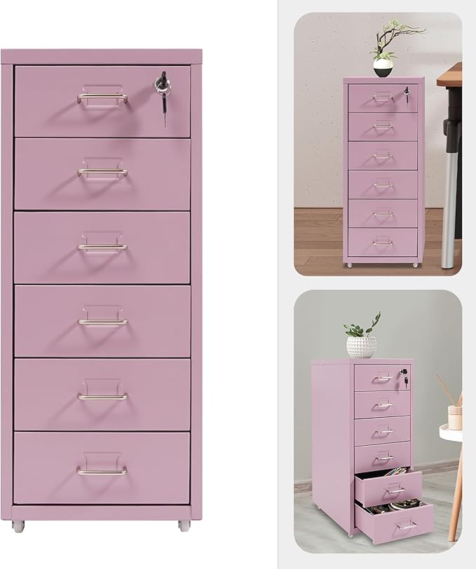 Office File Cabinet w/4 Wheels 6 Drawer Metal Small Vertical File Cabinets w/2 Lock Smooth Edges Mobile Storage Cabinet File Organizer for Home Office Living Room 11 * 16 * 27in (Purple)
