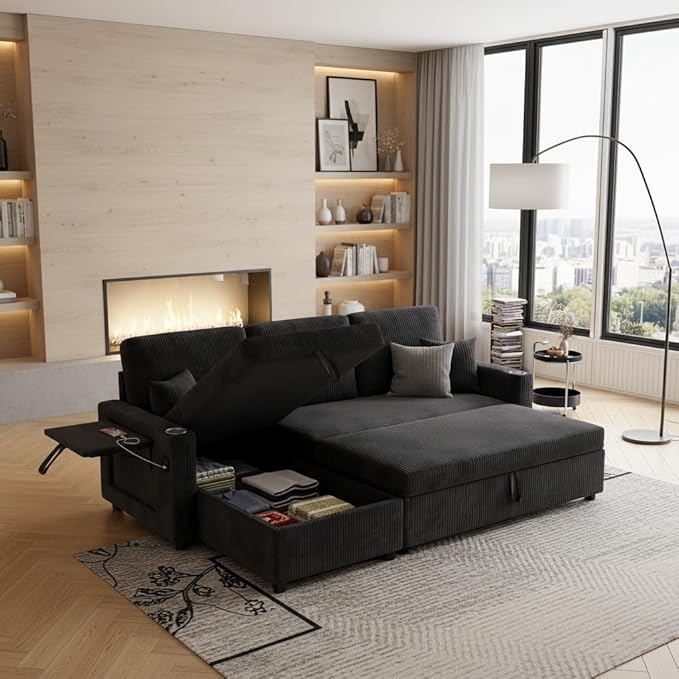 83 Sleeper Sectional Sofa Comfy Convertible Sofa Bed with Pull Out Couches Small Desktop Corduroy L Shaped Couch with Reversible Storage Chaise &amp USB for Living Room Apartment Black