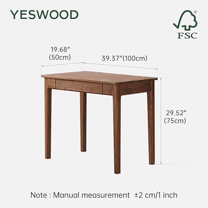 YESWOOD Walnut Desk Solid Wood Home Office Desk Mid-Century Modern Computer Desk with Drawers Writing Desk for Study Bedroom Work 39.37 W