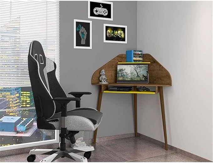 Eden Home Mid-Century Modern Wood Corner Desk Rustic Brown and Yellow Finish 47.24 in H x 43.98 in W x 31.1 in D Overhead Shelf Sliding Drawer Home Office Desk with Cable Management
