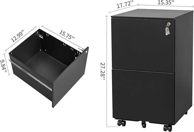 JULYFOX 2 Drawers Mobile File Cabinet W/Lock 27.2 inch Black Steel Filing Cabinet on Casters with 2 Keys Fully Extension Drawers Letter Legal A4 Size 300 lb Heavy Duty-Black
