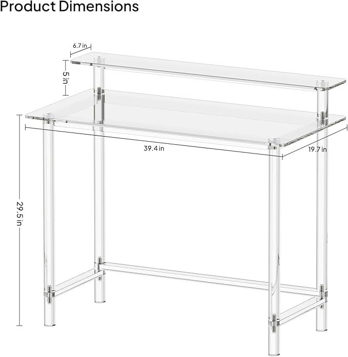 Eglaf Acrylic Desk with Monitor Stand - Home Office Desk Computer Desk Writing Table for Office Living Room Bedroom 39.4 L x 19.7'' W x 34.5 H Clear