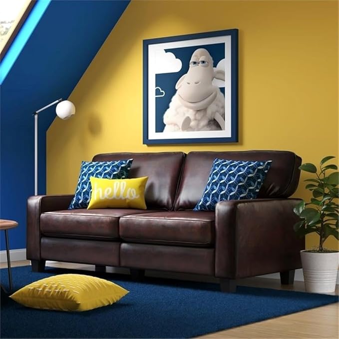 Pemberly Row Contemporary Faux Leather Sofa 73-in Wide in Chestnut Brown Pillow Back Design with Straight Arms Sturdy Hardwood Frame Ideal for Small Apartments Offices or Living Rooms