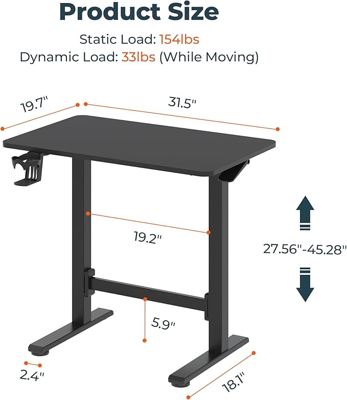 Small Pneumatic Adjustable Stand Up Desk Rolling One-Piece Standing Desk 31.5 x 19.7 Inch Home Office Desk Computer Workstation Black