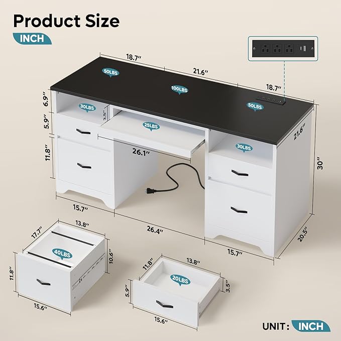 Bestier 59” Computer Desk with 4 Drawers Office Desk with Storage Modern Executive Desk with Charging Station Keyboard Tray &amp Wooden Pedestals on Both Sides for Home Office &amp Studio White