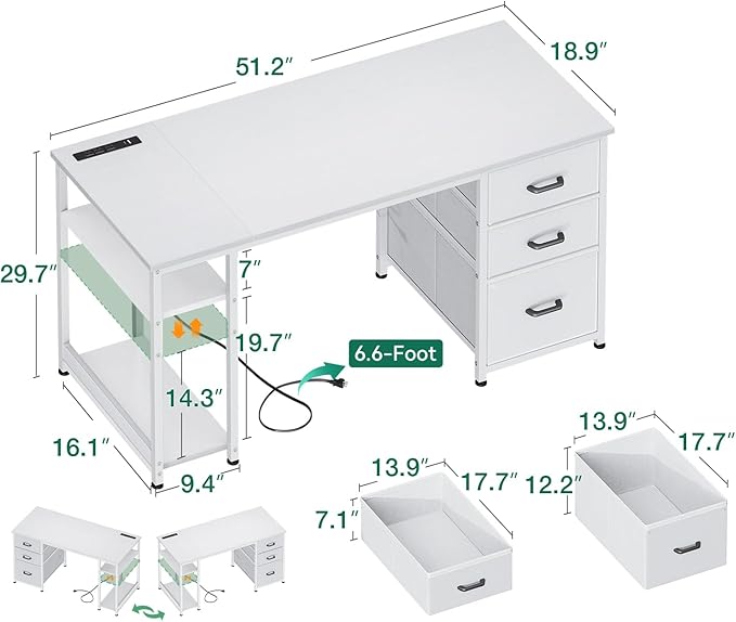 AODK 51 Inch Computer Desk with Drawers &amp USB Power Outlets - Reversible Home Office Desk with Storage Shelves Work from Home Modern Work/Writing/Study Table for Bedroom White