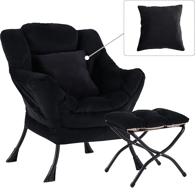 Lazy Chair with Ottoman Comfy Reading Lounge Chair with Footstool &amp Throw Pillow Modern with Armrests &amp Side Pocket for Living Room Bedroom Dorm Room Velvet Black