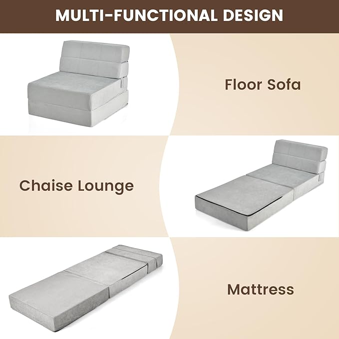 RELAX4LIFE Folding Sofa Bed Chair - 3-in-1 Convertible Couch Sleeper Floor Futon Couch w/Removable Cover &amp Full Padded Foam Fabric Guest Sleeper Chair for Living Room Study Apartment (Grey)