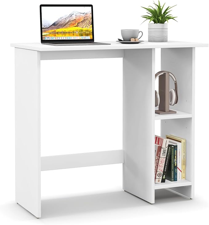 Tangkula White Desk with Storage Shelves Modern Small Writing Desk with Adjustable Shelf Space Saving Laptop PC Desk with Anti-Toppling Kit Wooden Kid’s Study Desk (White)