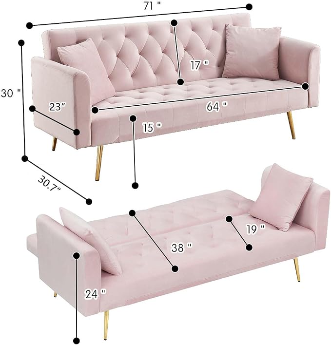 71Convertible Futon Sofa Bed - Modern Velvet Sleeper Couch with Adjustable Backrest Tufted Recliner with Golden Chrome Legs &amp 2 Pillows Perfect for Small Spaces Living Room &amp Apartment (Pi
