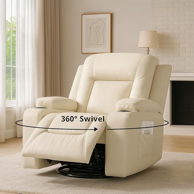 COMHOMA Recliner ChairPU Rocking Chair for AdultsSwivel Recliner with Cup HoldersSingle Sofa Seat with Side Pockets for Living RoomBedroom(White)