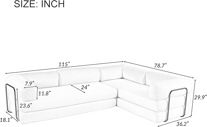 115''W Modular Sofa Bed in Corduroy Fabric L Shaped Sectional Couches Modern Upholstered Couches with Iron Frame Support 4 Independent Mattresses 3 Wedge Cushions and 1 Flat Cushion (Beige/22)