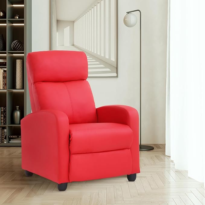 Recliner Chair Living Room Chair PU Leather Reclining Sofa Lounge Home Theater Seating with Lumbar Support Overstuffed High-Density Sponge Push Back Recliners Armchair for Living Room Red