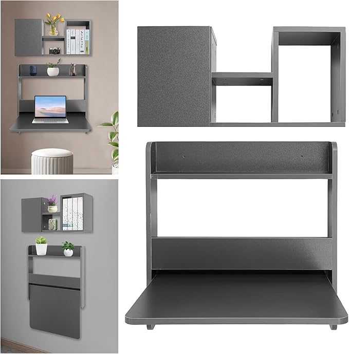 Wall Mounted Folding Desk Solid Wood Floating Laptop Desk with Wall Mounted Bookshelf for Living Room Coffee Shop Apartments 88lbs Table Load-Bearing (Grey)